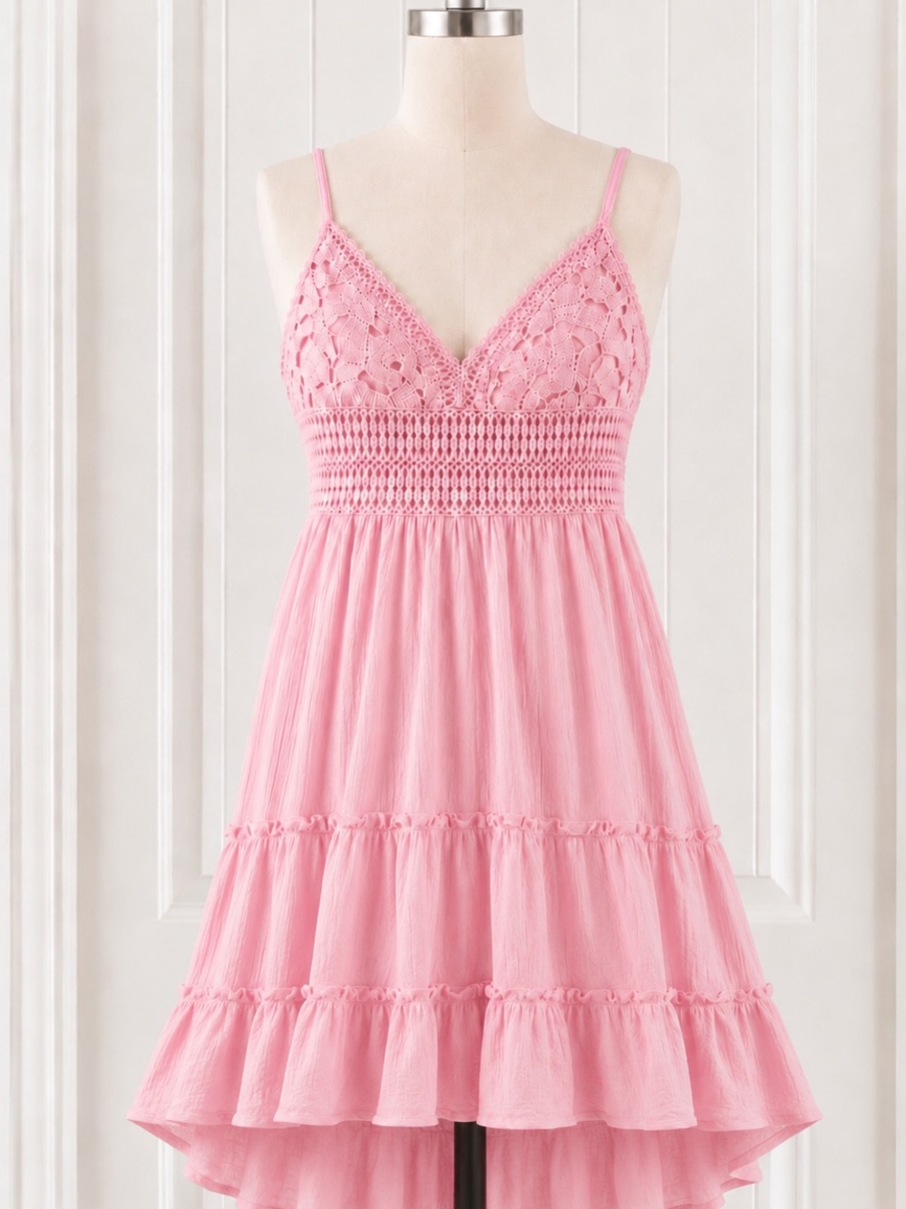 Love Tree Rose Pink Crochet Boho Tiered Mini Dress Large NWT